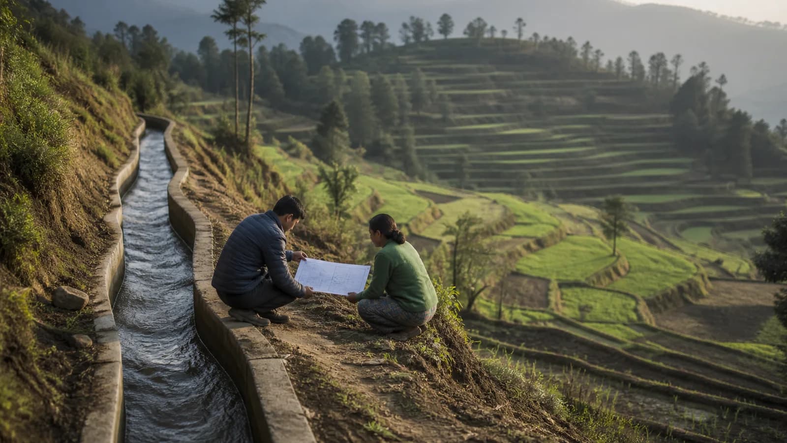 Specialists reviewing an irrigation plan beside terraced fields